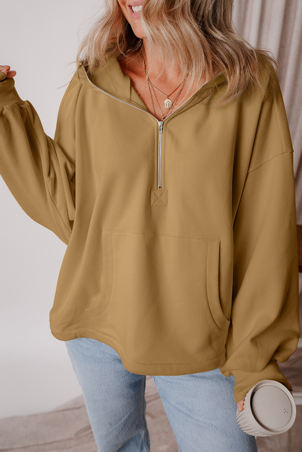 Hoodie Marrón Frisado Suelto Con Cierre - Image 6