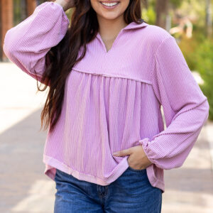 Blusa Rosa Pálido Manga Globo Estilo Babydoll Escote V