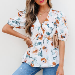 Blusa Verde Floral Manga Abullonada Estilo Babydoll Escote V