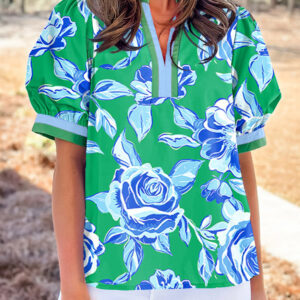 Blusa Verde Brillante Floral Manga Corta