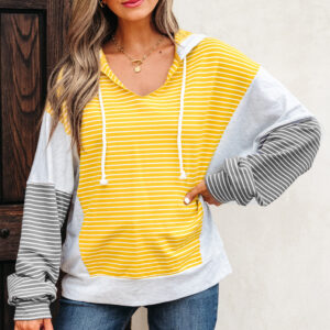 Hoodie Amarillo a Rayas Combinado Suelto Escote V