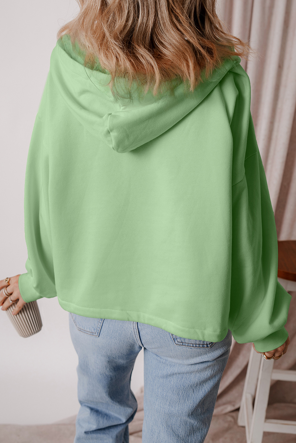 Hoodie Verde Humo Frisado Suelto Con Cierre - Image 2