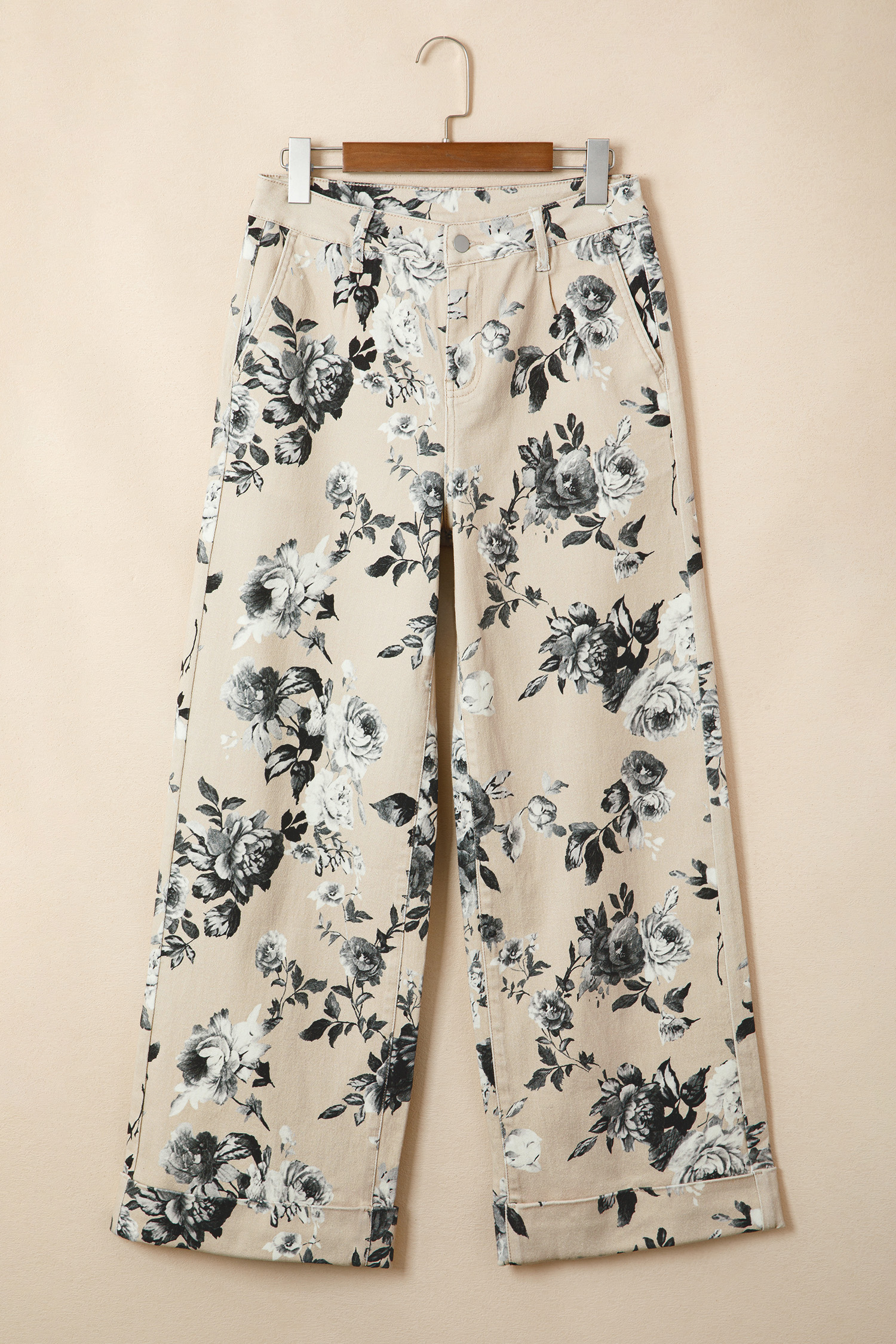 Jean Beige Retro Floral Estampado Doblado Con Puño Ruedo - Image 5
