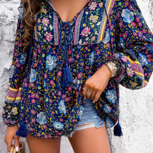 Blusa Azul Floral Manga Larga