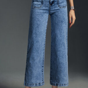 Jean Celeste Chic Aplicado Bolsillo Pierna Recta Suelto