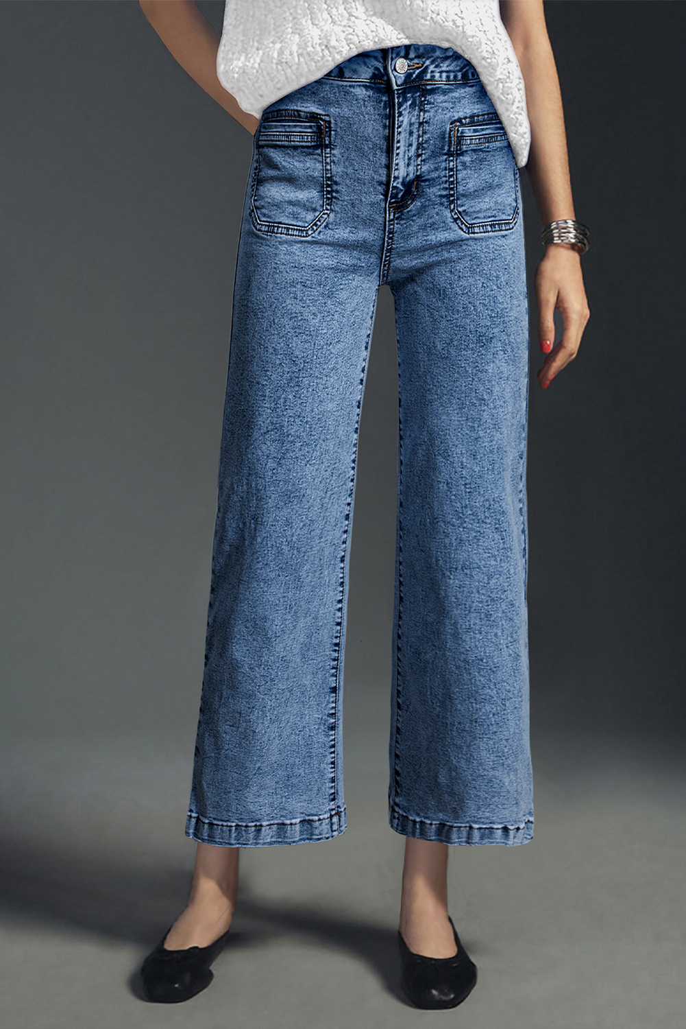 Jean Celeste Chic Aplicado Bolsillo Pierna Recta Suelto