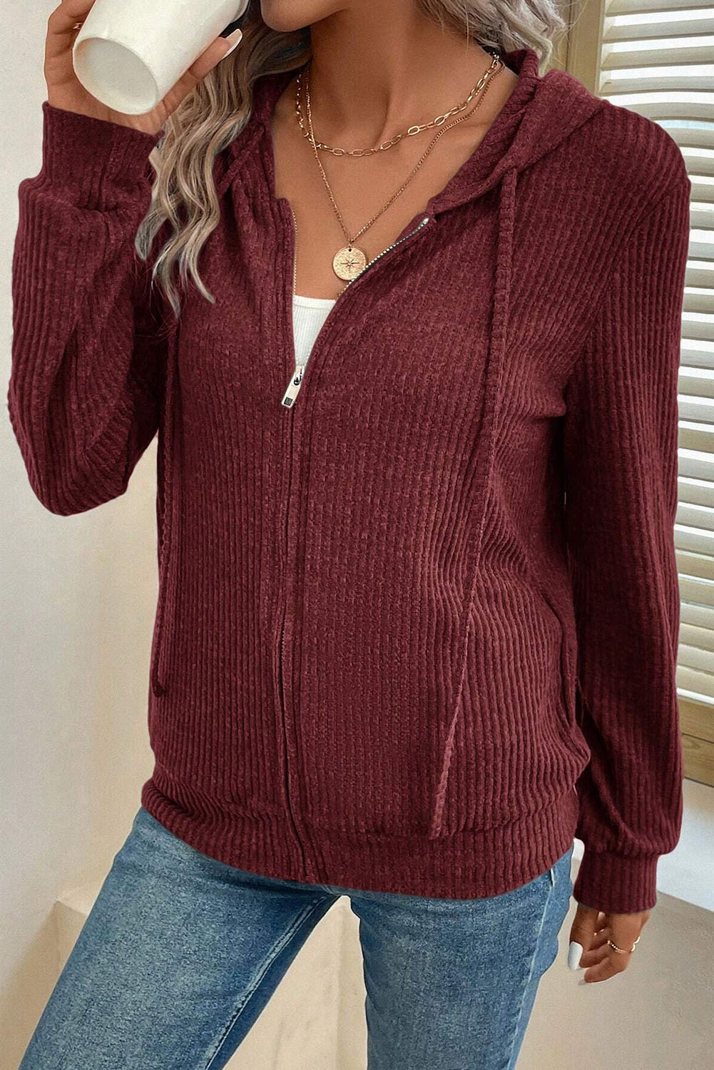 Hoodie Rosa Dahlia Acanalado Con Cierre - Image 5