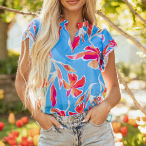 Blusa Azul Celeste Floral Manga Volado Escote V