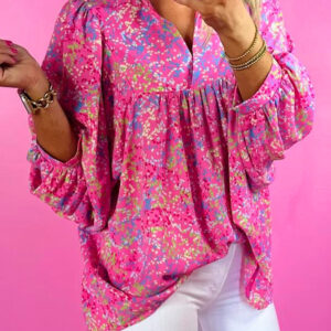 Blusa Rosa Estampado Abstracto Estilo Babydoll Escote V
