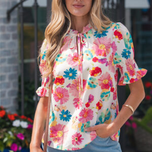 Blusa Beige Floral Manga Abullonada Escote V