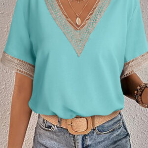 Blusa Verde Encaje Manga Corta Escote V