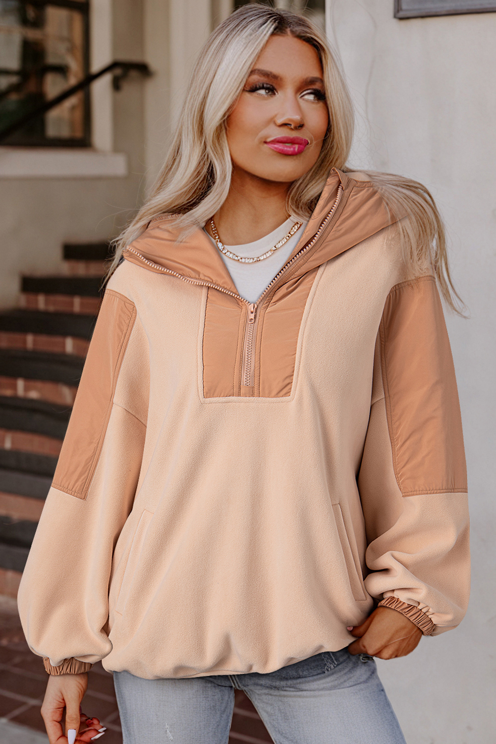 Hoodie Beige Francés Claro Patchwork Oversize Con Cierre - Image 3