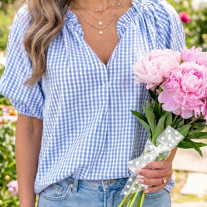 Blusa Azul Celeste Escocés Manga Abullonada Escote V