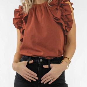 Blusa Rojo Sándalo Con Volados Sin Mangas