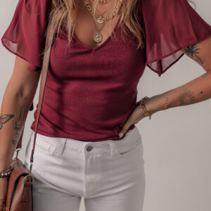 Blusa Rosa Dahlia Con Volados Ajustada Escote V
