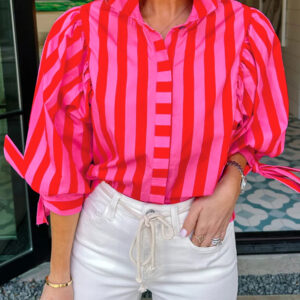 Camisa Rojo a Rayas Con Botones Manga Abullonada
