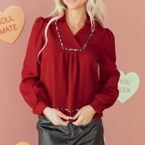 Blusa Rojo Fuego Con Textura Escote V