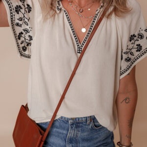 Blusa Blanco Floral Manga Corta Escote V