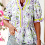 Blusa Violeta A Rayas Manga Corta Escote con Abertura