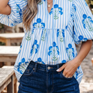 Blusa Azul Celeste Floral Manga Abullonada Cuello con Nudo