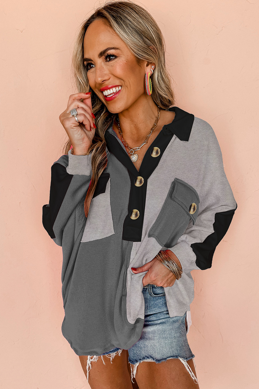 Buzo Gris Combinado Oversize Con Cuello - Image 5