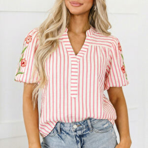 Blusa Rosa A Rayas Manga Abullonada Escote V