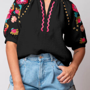 Blusa Negro Floral Manga Abullonada