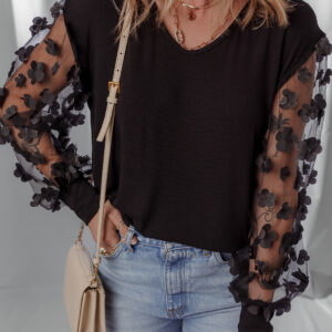 Blusa Negro Manga Larga Escote V
