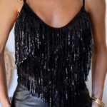 Top Corto Negro Lentejuelas con Flecos