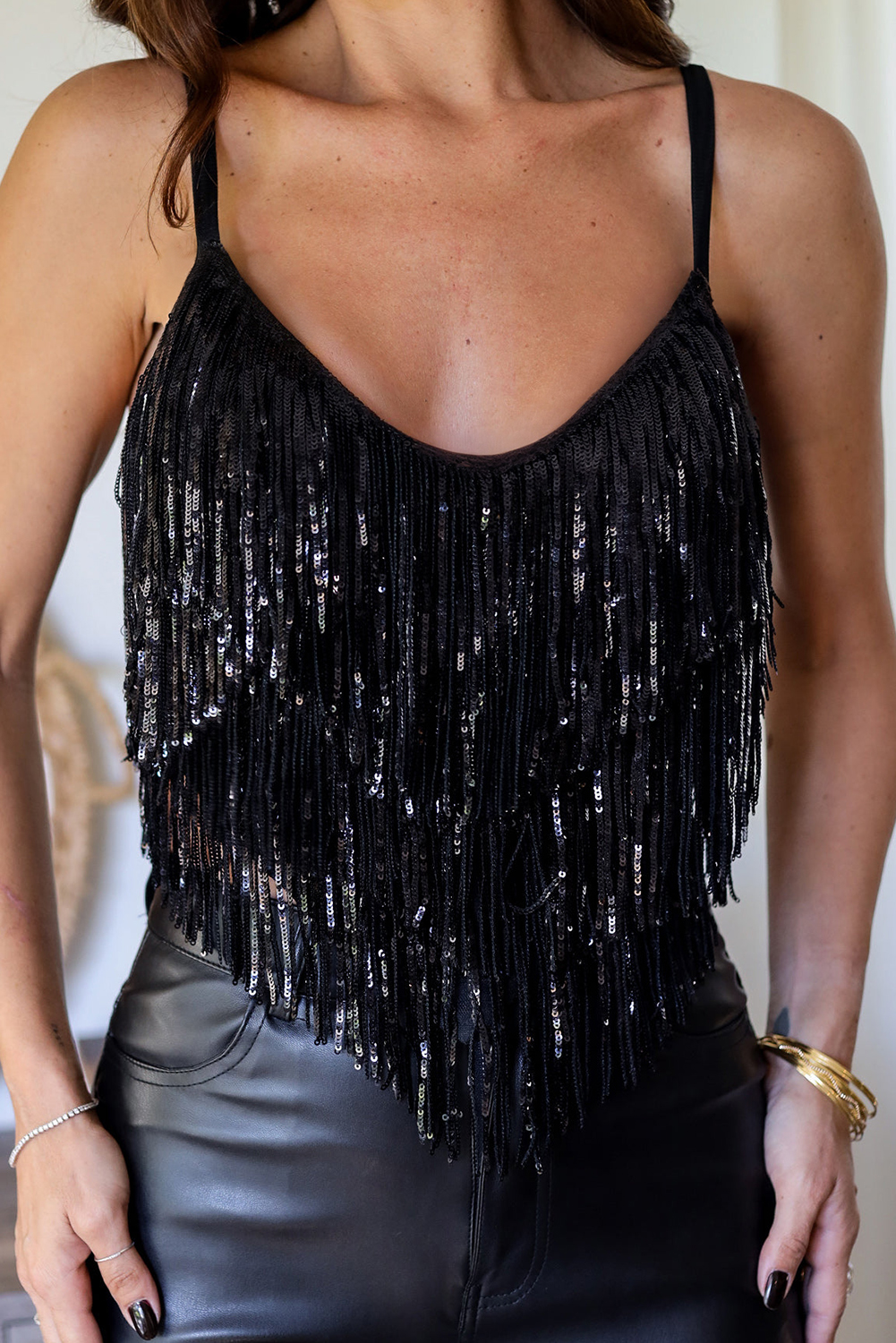 Top Corto Negro Lentejuelas con Flecos