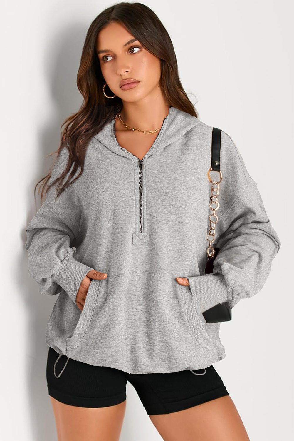 Hoodie Gris Claro Bolsillo Canguro Oversize Con Cierre - Image 4