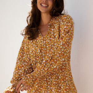 Blusa Naranja Con Volados Manga Globo Escote V