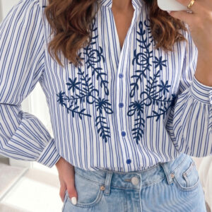 Camisa Azul a Rayas Con Botones Manga Larga