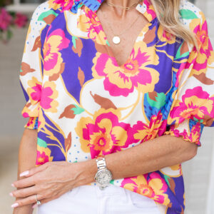 Blusa Rojo Rosado Floral Manga Globo Escote con Abertura