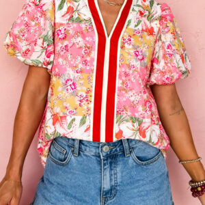 Blusa Rosa Floral Manga Corta Escote V