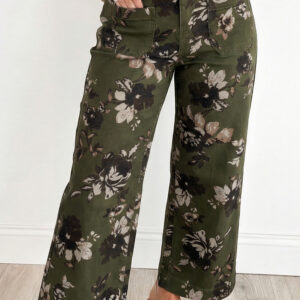 Jean Verde Vintage Floral Estampado Cuadrado Aplicado