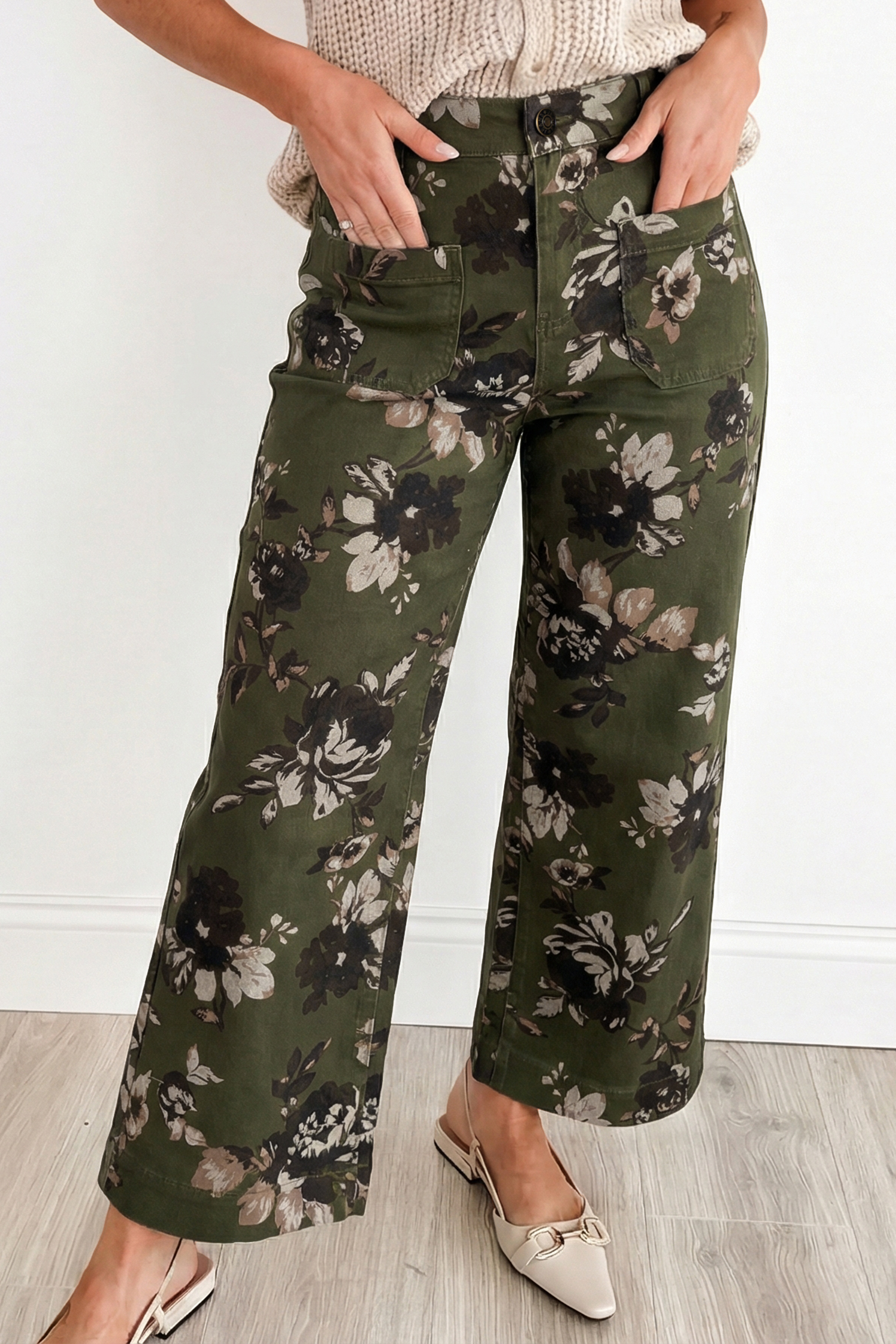 Jean Verde Vintage Floral Estampado Cuadrado Aplicado