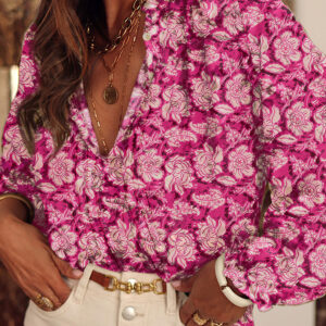 Blusa Rosa Plisado Manga Abullonada Escote con Abertura