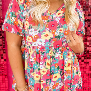Blusa Multicolor Floral Manga Abullonada Estilo Babydoll