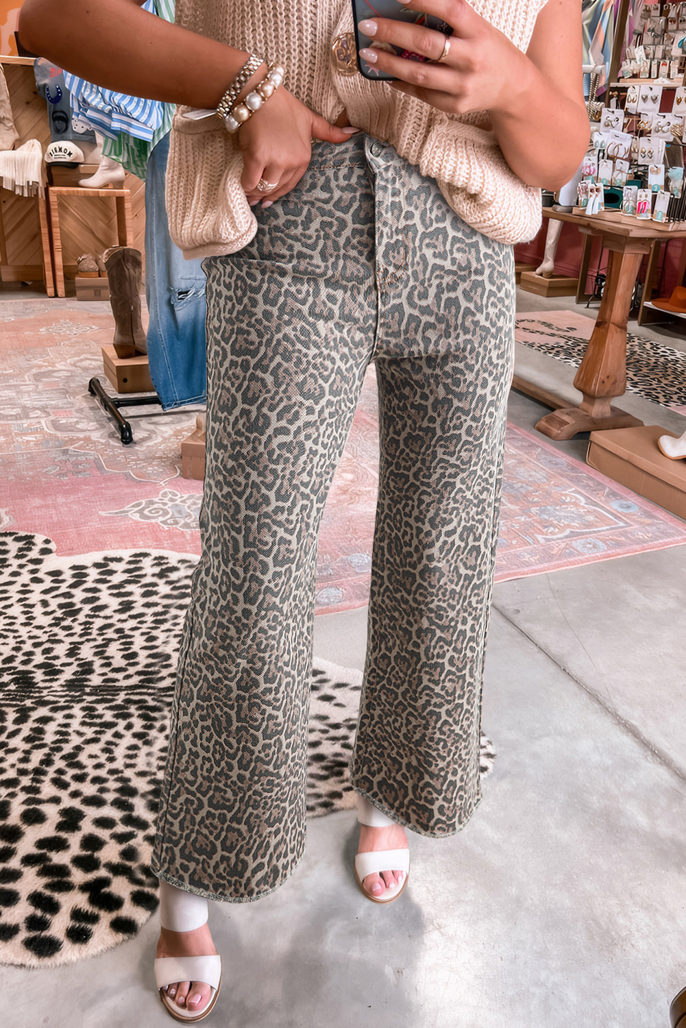 Jean Marrón Animal Print Leopardo Deshilachado Borde Pierna