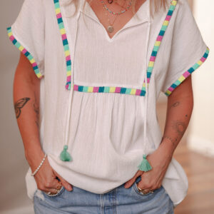 Blusa Blanco Con Flecos Manga Corta Cuello con Nudo