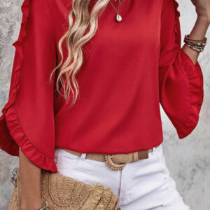 Blusa Rojo Fuego Con Volados Manga 3/4 Cuello Redondo