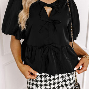 Blusa Negro Con Nudo Manga Abullonada