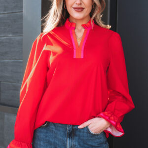 Blusa Rojo Fuego Con Volados Manga Larga Escote con Abertura