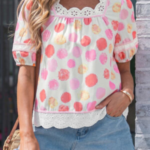 Blusa Rosa Lunares Manga Abullonada Escote Cuadrado