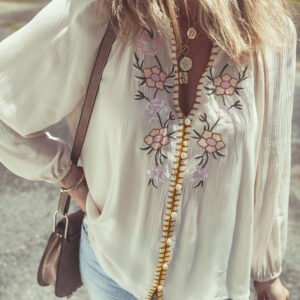 Camisa Beige Floral Manga Abullonada Suelta