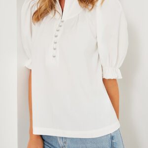 Blusa Blanco Con Botones Manga Globo Cuello Alto