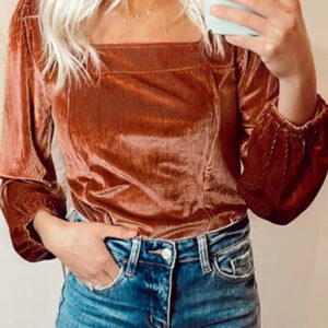 Blusa Arcilla Manga Abullonada Escote Cuadrado