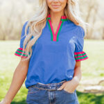 Blusa Azul Celeste Con Volados Manga Corta Con Cuello