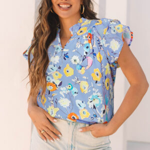 Blusa Azul Celeste Floral Manga Volado Escote V